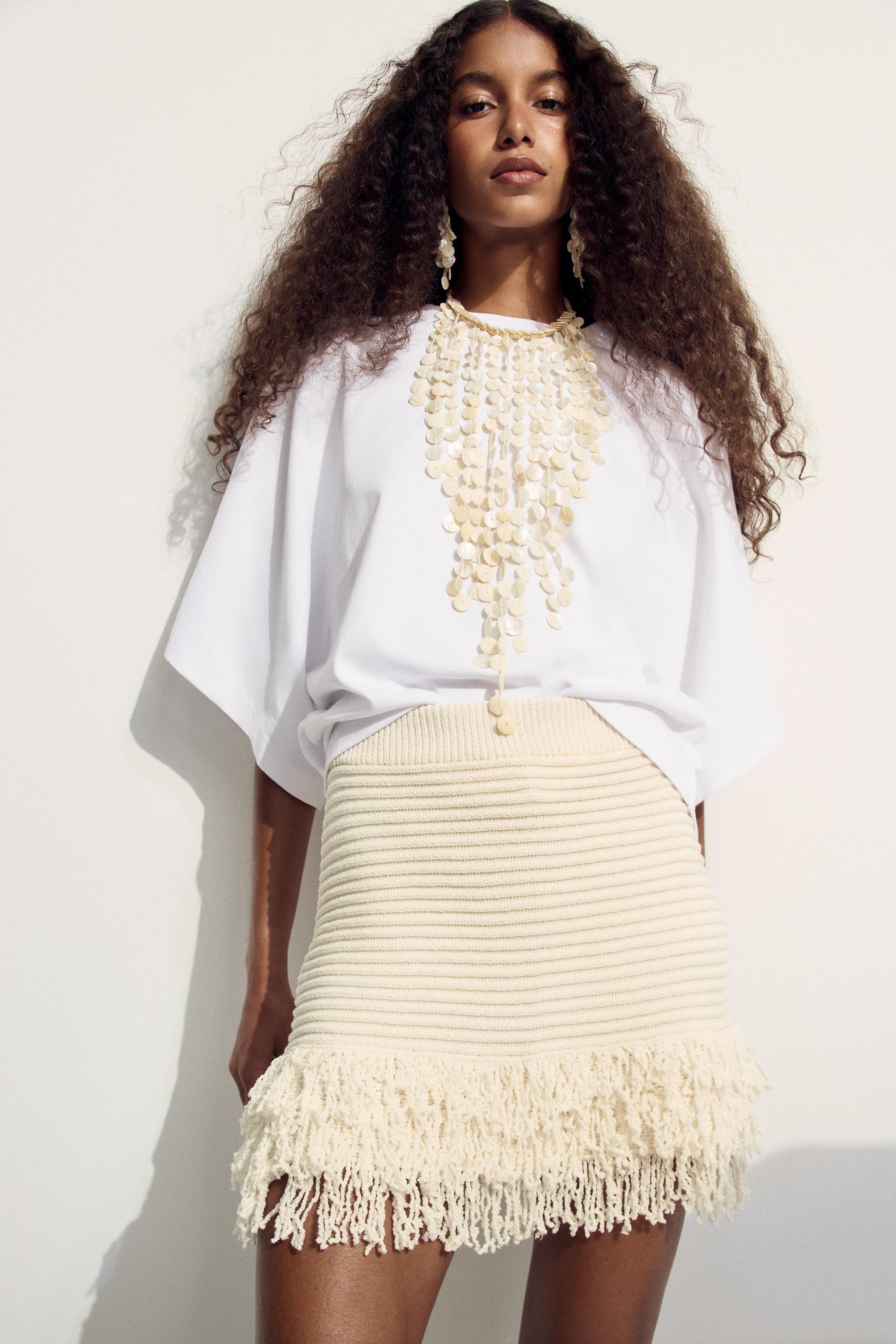 FRINGED CHECK KNIT SKIRT Ecru ZARA Australia